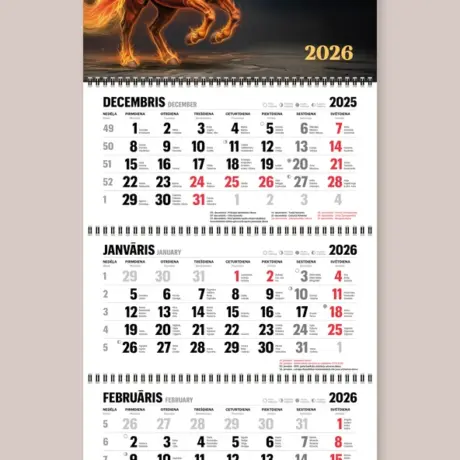 Three-month custom wall calendar with fiery horse design and company advertising