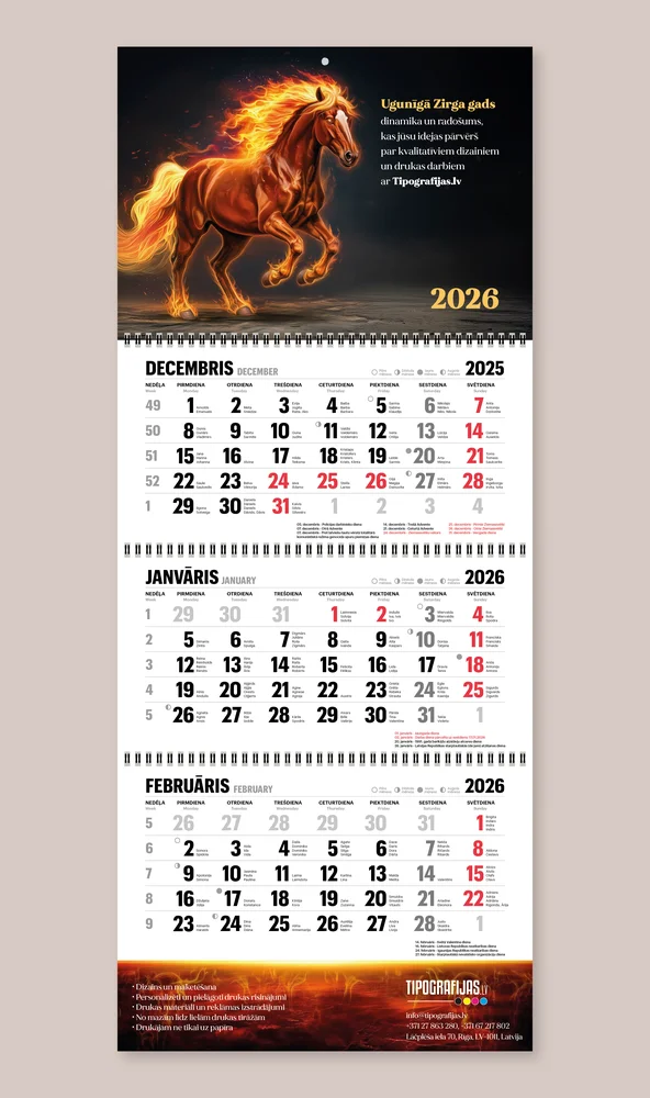 Three-month custom wall calendar with fiery horse design and company advertising