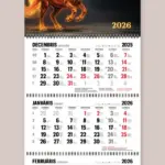 Custom wall calendar printing, three-month wall calendar with fiery horse design for 2026