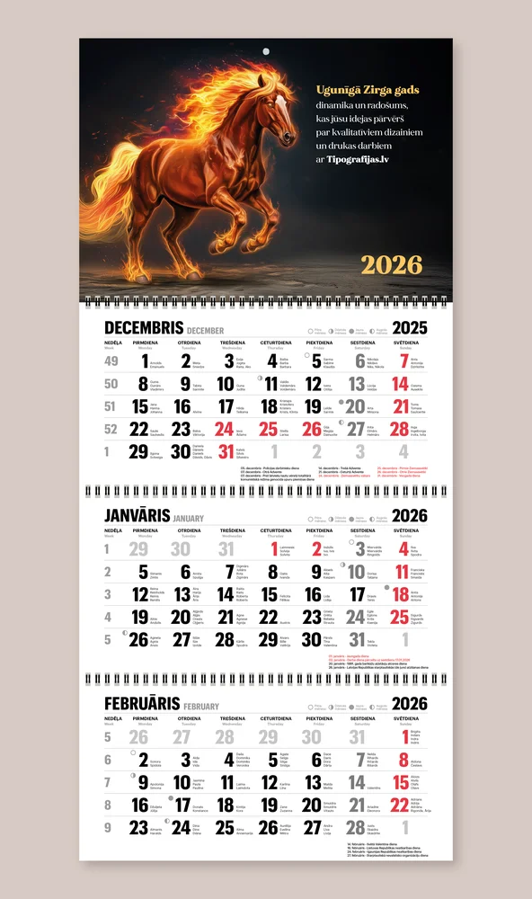 Custom wall calendar printing, three-month wall calendar with fiery horse design for 2026