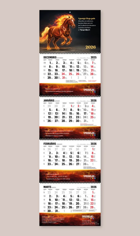 2026 custom wall calendar with a fiery horse image and advertising
