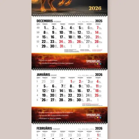 Custom wall calendar printing, three-month wall calendar with a fiery horse image