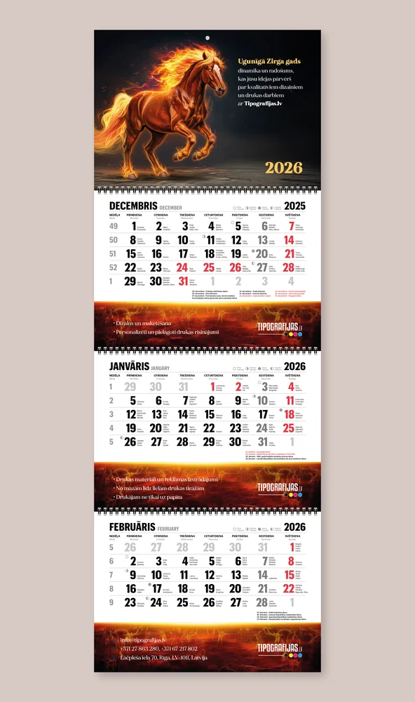 Custom wall calendar printing, three-month wall calendar with a fiery horse image