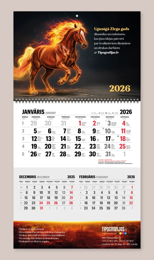 Custom wall calendar printing with a fiery horse design for January 2026