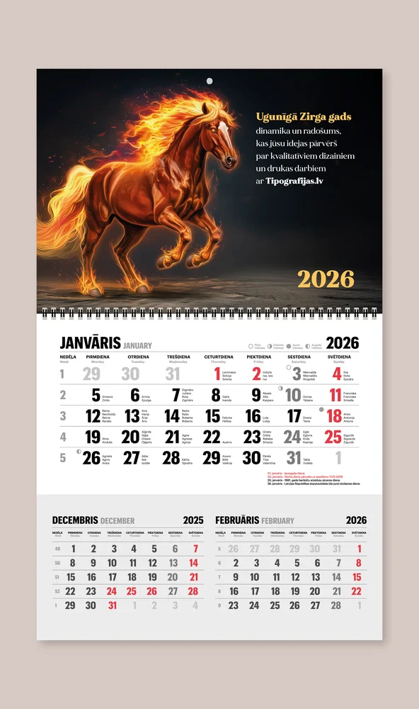 2026 custom wall calendar printing with a fiery horse design and high-quality print